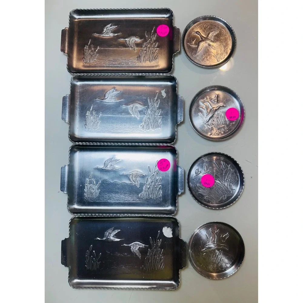 Vintage Hammered Aluminum Duck Trays and Coasters Set of 8 Wildlife Cabin Decor